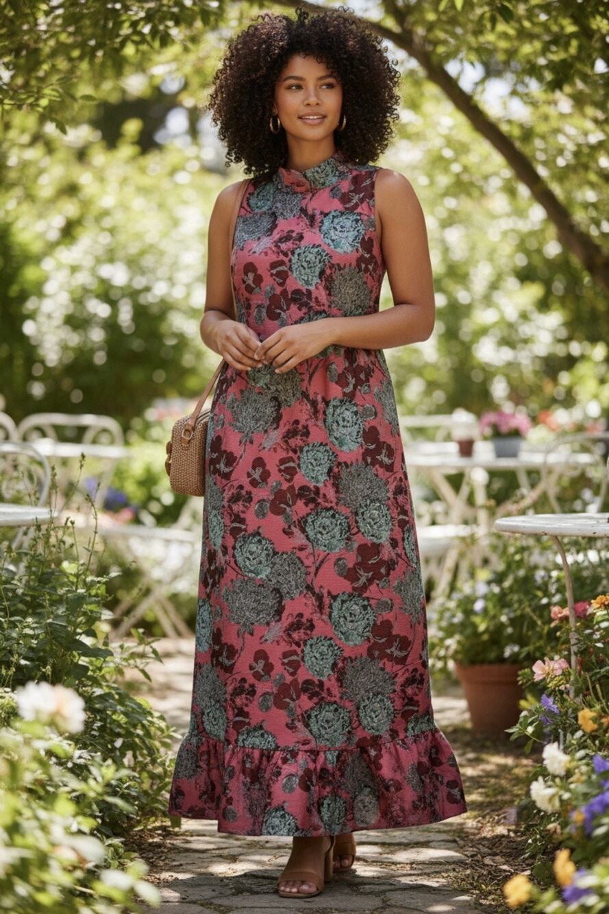 Abbey Glass Camille Floral Ruffle Mock Neck Sleeveless Gown Pink Floral- Sz XL